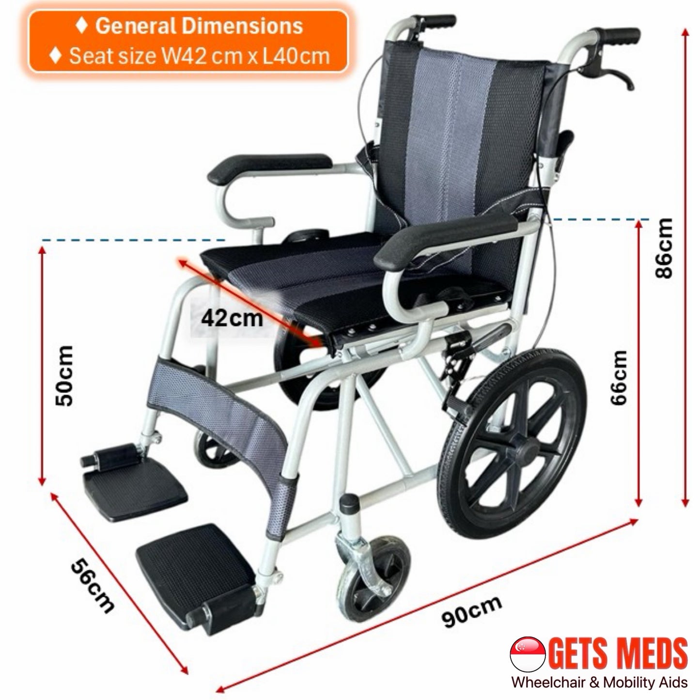 GETS EASY14PU PUSHCHAIR ♿️ Foldable Backrest, Fixed Armrests, Fixed Legrests, Solid Polyurethane (PU) Wheels, Optional Fixed Cushions Or Removable Cushions