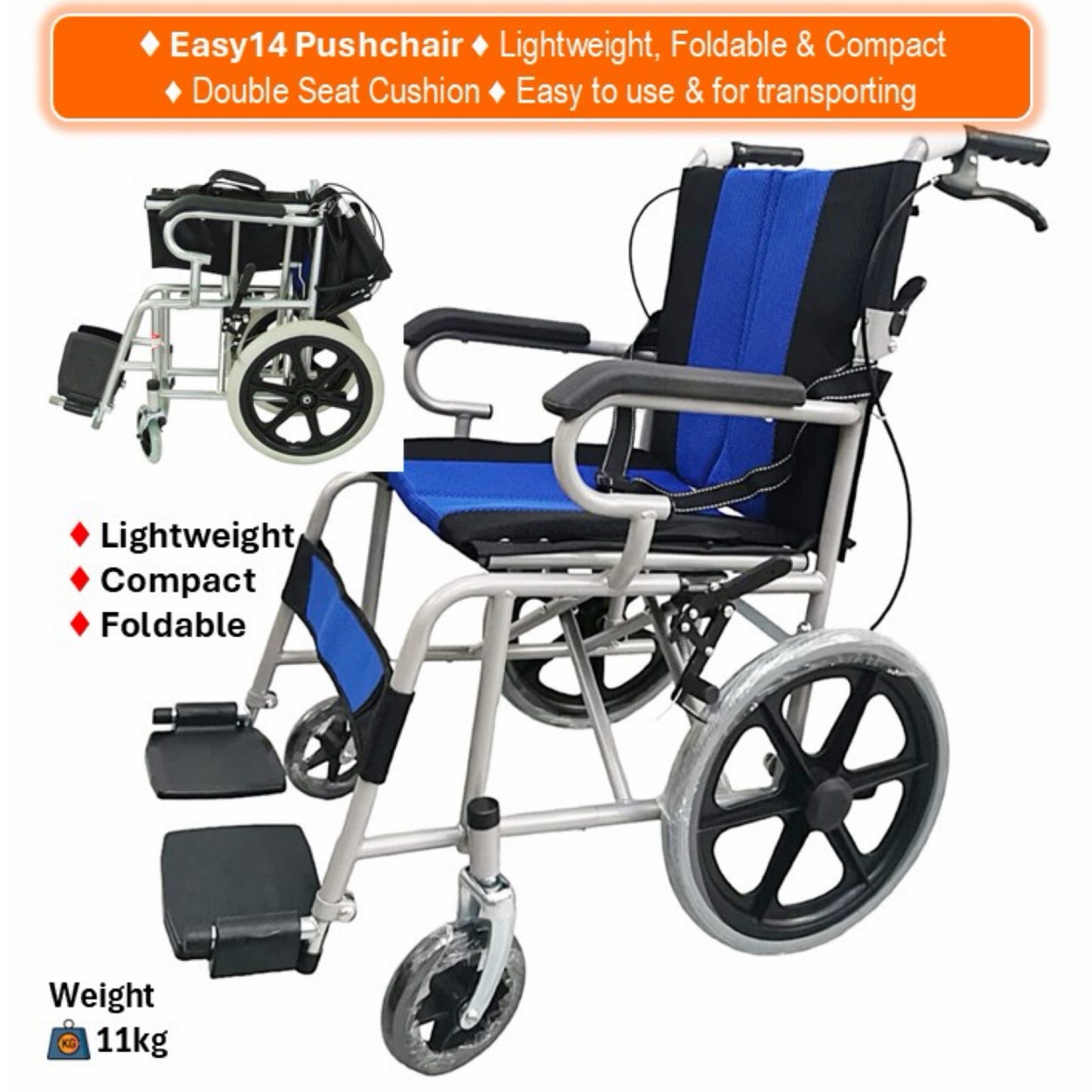 GETS EASY14 PUSHCHAIR ♿️ Foldable Backrest, Fixed Armrests, Fixed Legrests, & Optional Fixed Cushions Or Removable Cushions