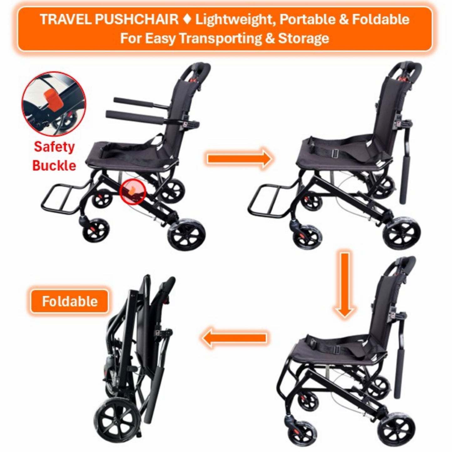 GETS TRAVEL LITE8 PUSHCHAIR ♿️Foldable, Flip-Back Armrest, Flip-Up Footrest