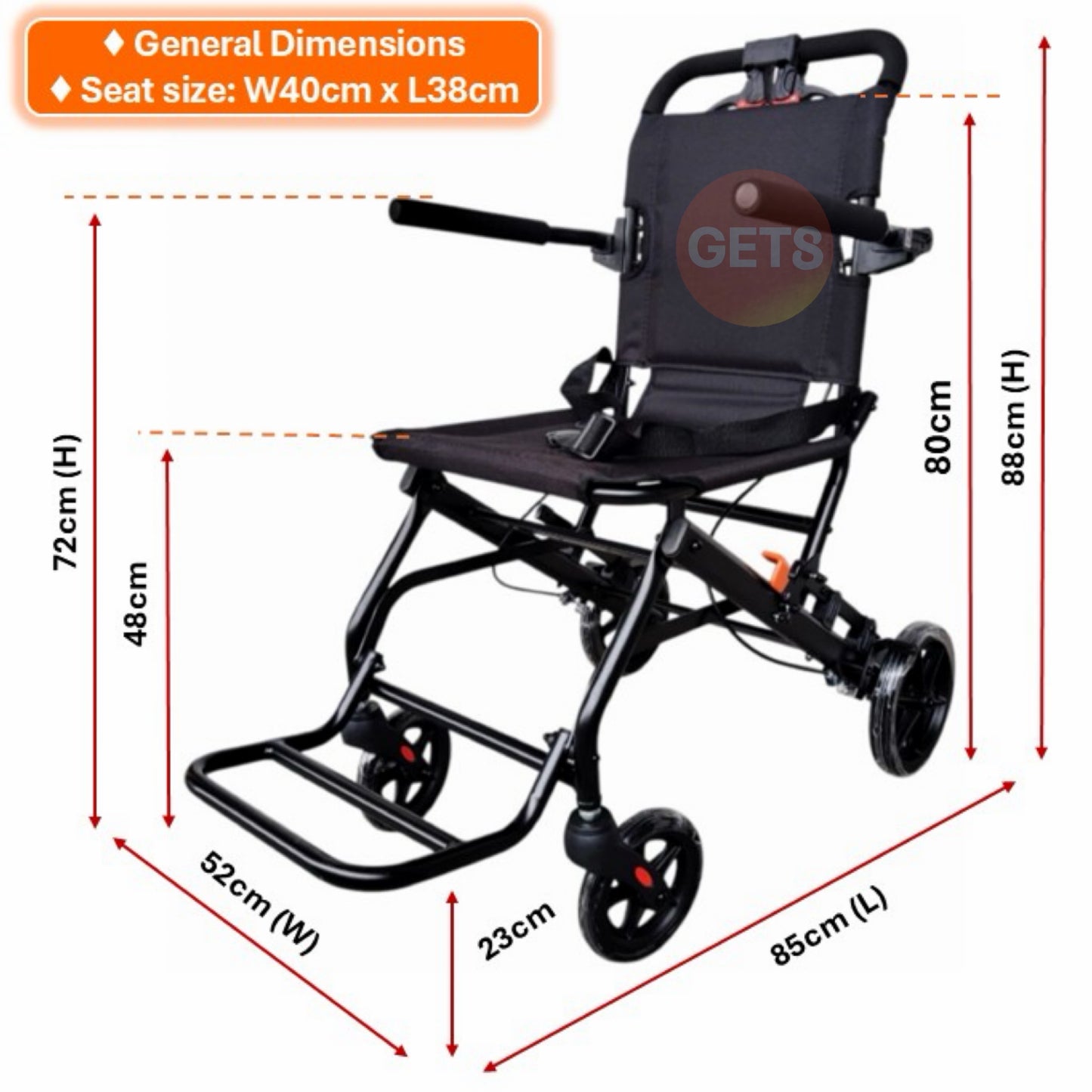 GETS TRAVEL LITE8 PUSHCHAIR ♿️Foldable, Flip-Back Armrest, Flip-Up Footrest