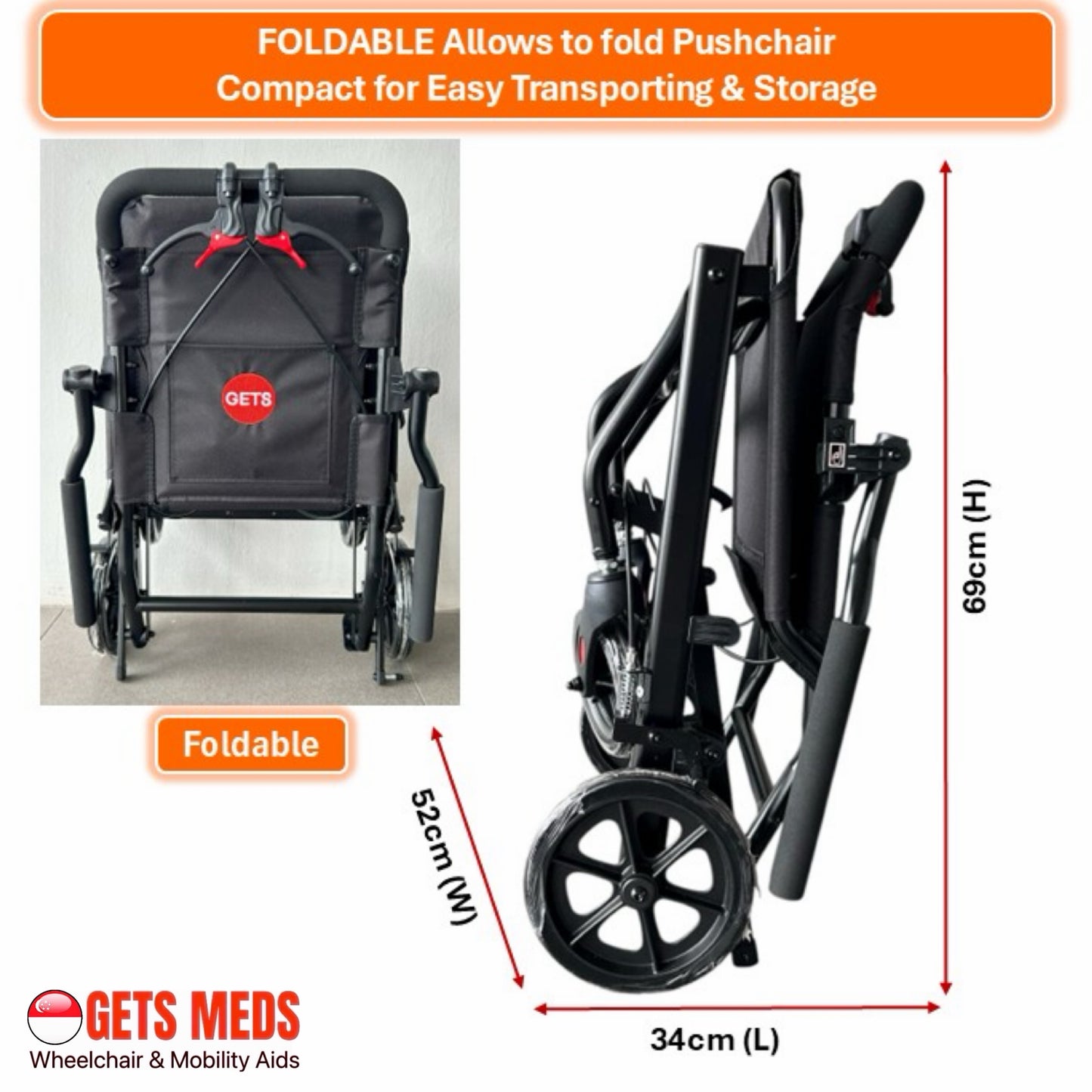 GETS TRAVEL LITE8 PUSHCHAIR ♿️Foldable, Flip-Back Armrest, Flip-Up Footrest
