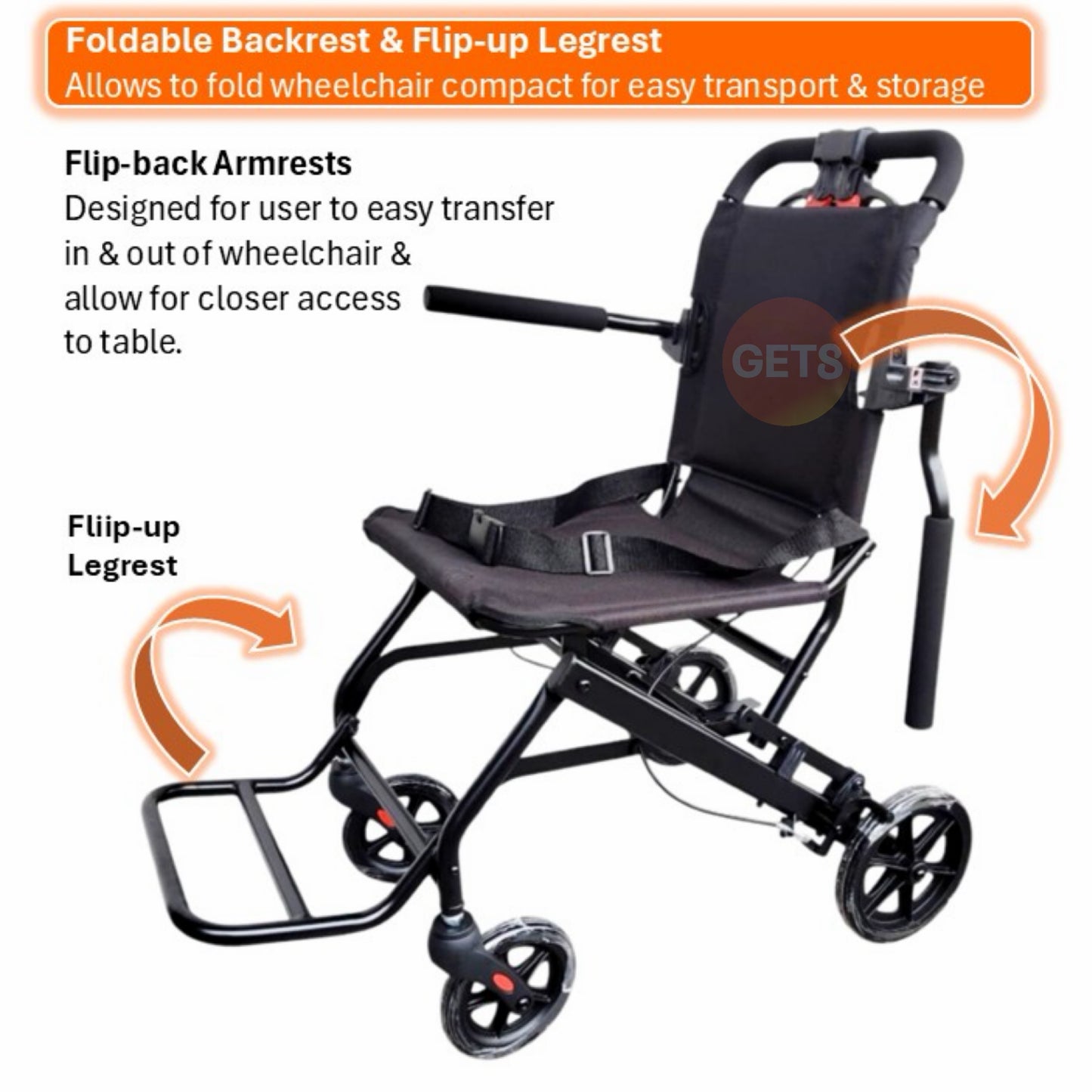 GETS TRAVEL LITE8 PUSHCHAIR ♿️Foldable, Flip-Back Armrest, Flip-Up Footrest