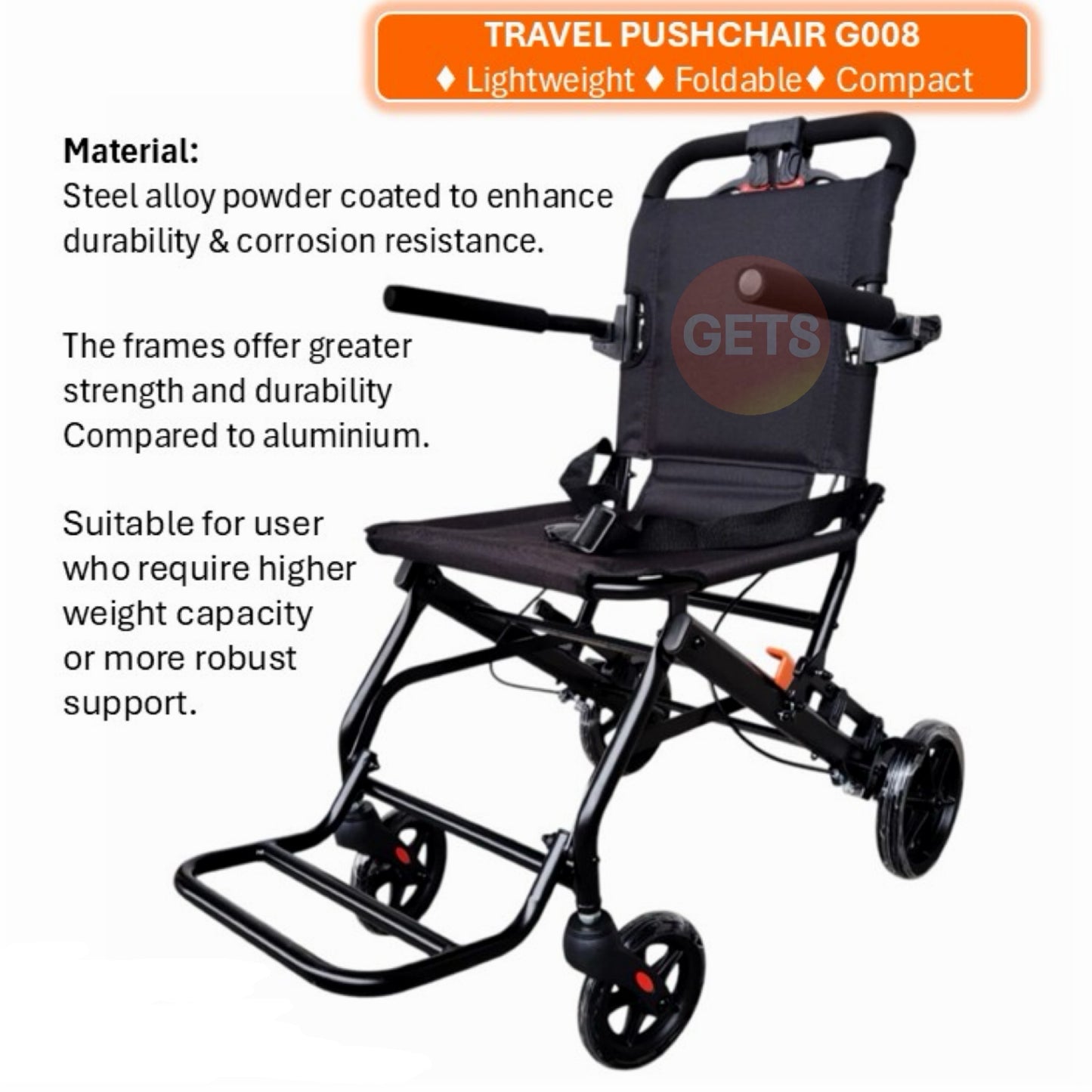 GETS TRAVEL LITE8 PUSHCHAIR ♿️Foldable, Flip-Back Armrest, Flip-Up Footrest
