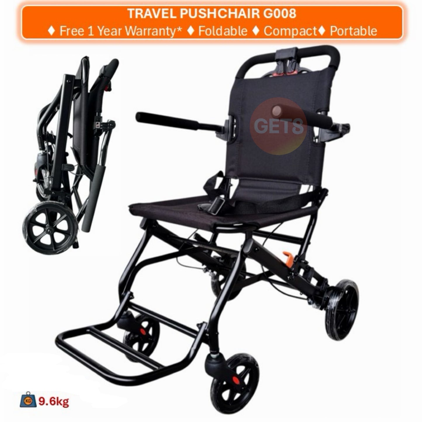GETS TRAVEL LITE8 PUSHCHAIR ♿️Foldable, Flip-Back Armrest, Flip-Up Footrest