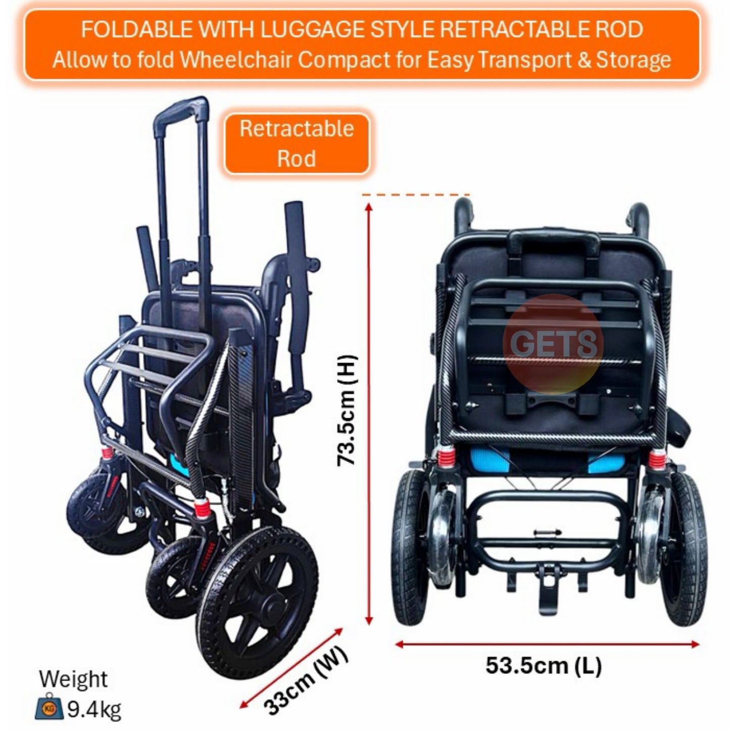 GETS TRAVEL LUXE11 ALUMINIUM PUSHCHAIR ♿️ Foldable, Flip-Back Armrests, Flip-Up Footrest, Retractable Pulling Rod