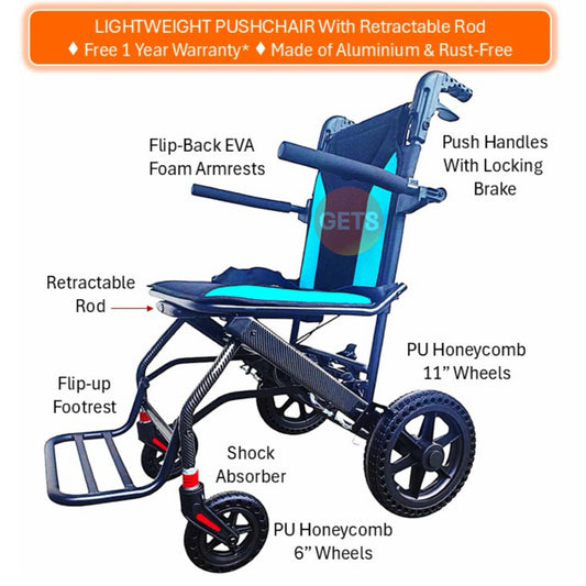 WHEELCHAIR TRAVEL ALUMINIUM 9.4KG FOR LOAD 100KG: GETS PA13-12C TRAVEL LUXE PUSHCHAIR WITH RETRACTABLE PULLING ROD & CARRIER BAG