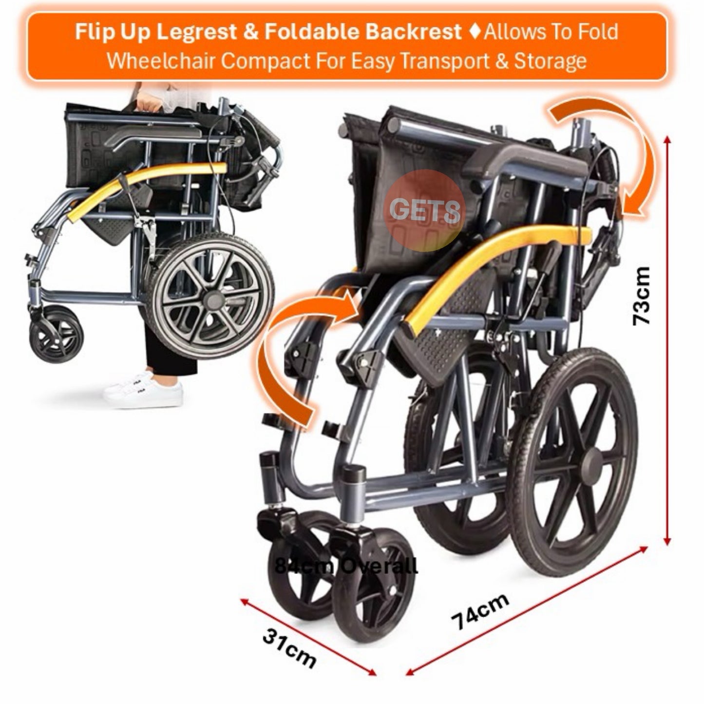 GETS UPLIFT14 PUSHCHAIR ♿️ Foldable Backrest, Flip-Back Armrests, Foldable Legrests, & Removable Cushions