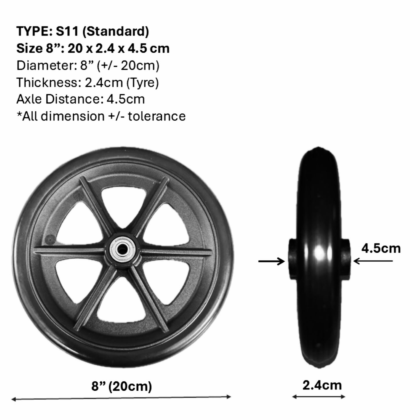 CASTOR WHEELS FOR WHEELCHAIR: GETS CASTOR WHEELS DIAMETER 5" (13cm), 6" (15cm), 7" (18cm) & 8" (20cm) FOR WHEELCHAIR