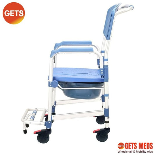 SHOWER COMMODE G607E FOR SMALL DOORWAYS: GETS COMPACT COMMODE ALUMINIUM 7.5KG RUST PROOF FOR LOAD 125KG