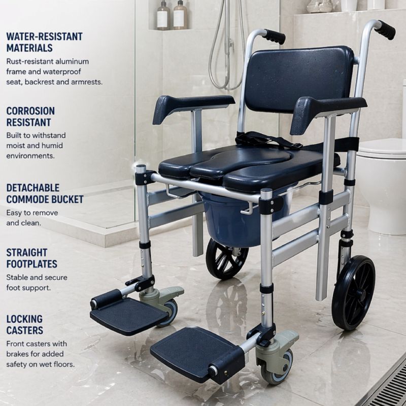 GETS Shower Commode G661: Aluminium 8kg & Foldable Commode Chair with Lockable Swivel Wheels