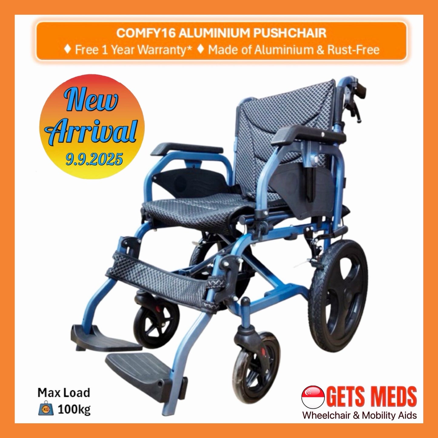 GETS Comfy16 ALUMINIUM PUSHCHAIR ♿️ Backrest Foldable, Flip-Back + Height-Length Adjustable PU Armrests, Foldable Legrests, Removable Cushions