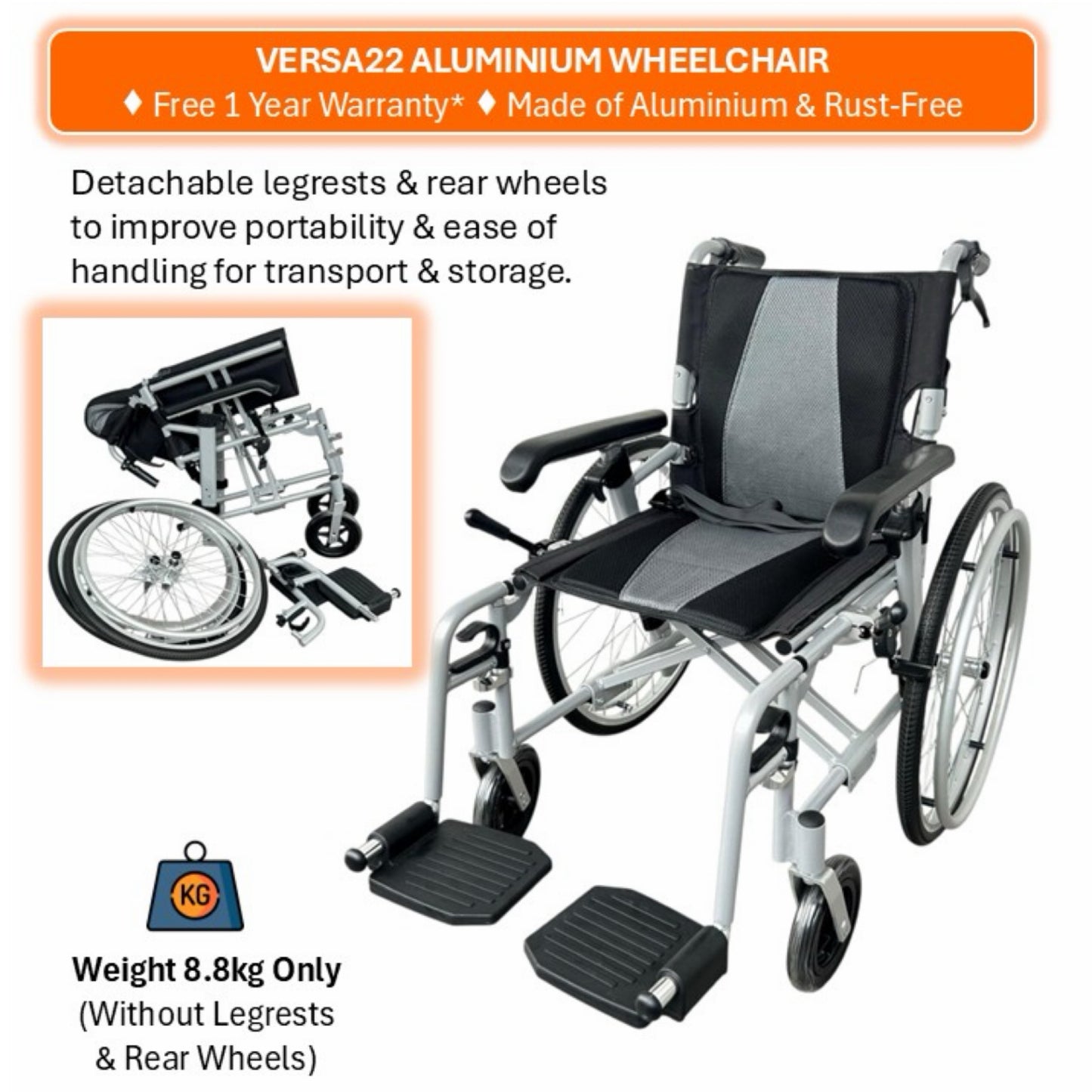 GETS VERSA LITE22 ALUMINIUM PUSHCHAIR ♿️ Backrest Foldable, Height-Adjustable PU Armrests, Flexible-Detachable Legrests, Detachable Rear Wheels, Self-Propelled