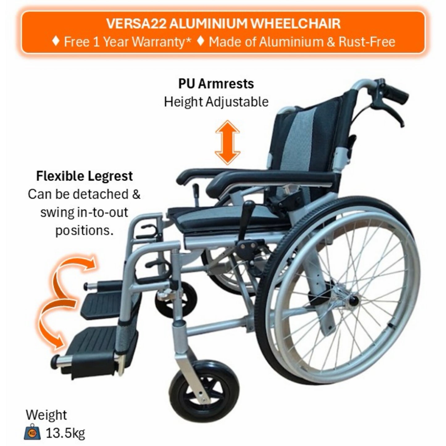 GETS VERSA LITE22 ALUMINIUM PUSHCHAIR ♿️ Backrest Foldable, Height-Adjustable PU Armrests, Flexible-Detachable Legrests, Detachable Rear Wheels, Self-Propelled