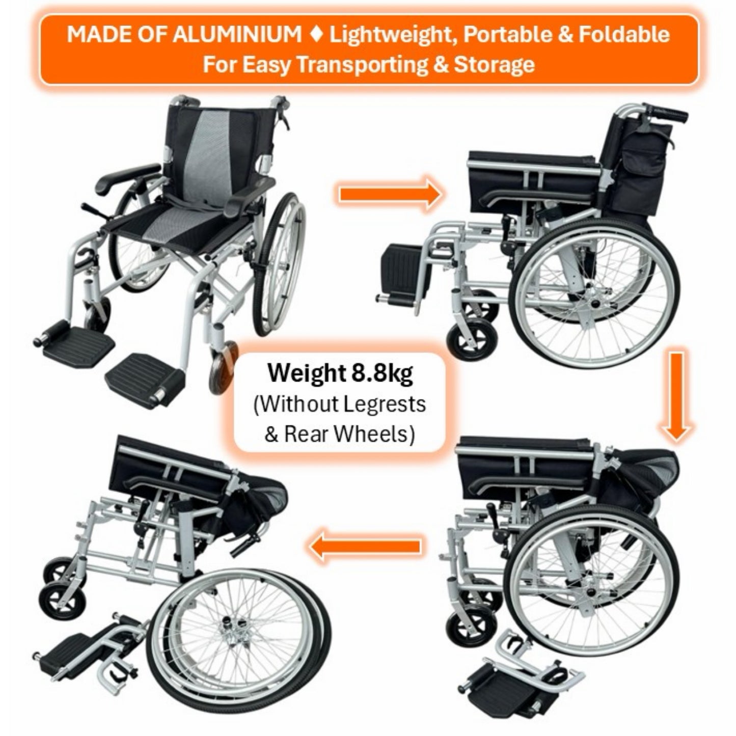 GETS VERSA LITE22 ALUMINIUM PUSHCHAIR ♿️ Backrest Foldable, Height-Adjustable PU Armrests, Flexible-Detachable Legrests, Detachable Rear Wheels, Self-Propelled