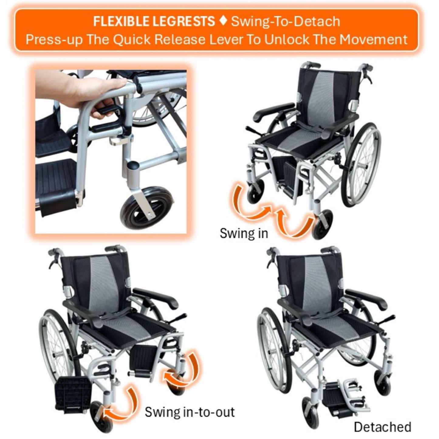 GETS VERSA LITE22 ALUMINIUM PUSHCHAIR ♿️ Backrest Foldable, Height-Adjustable PU Armrests, Flexible-Detachable Legrests, Detachable Rear Wheels, Self-Propelled