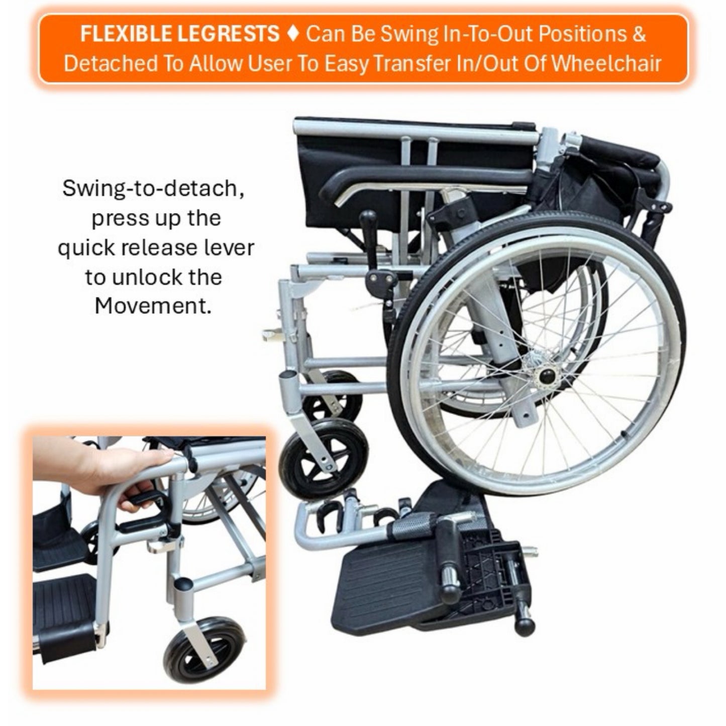 GETS VERSA LITE22 ALUMINIUM PUSHCHAIR ♿️ Backrest Foldable, Height-Adjustable PU Armrests, Flexible-Detachable Legrests, Detachable Rear Wheels, Self-Propelled