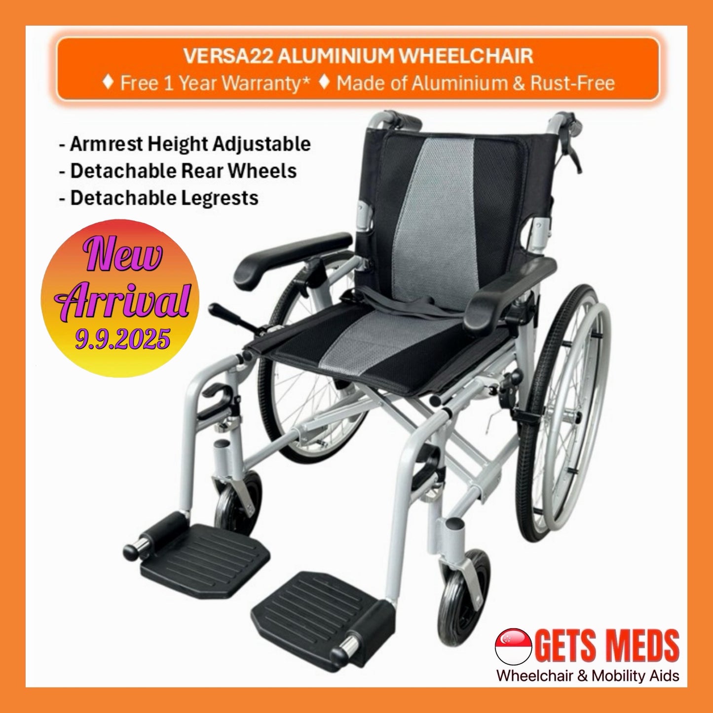 GETS VERSA LITE22 ALUMINIUM PUSHCHAIR ♿️ Backrest Foldable, Height-Adjustable PU Armrests, Flexible-Detachable Legrests, Detachable Rear Wheels, Self-Propelled