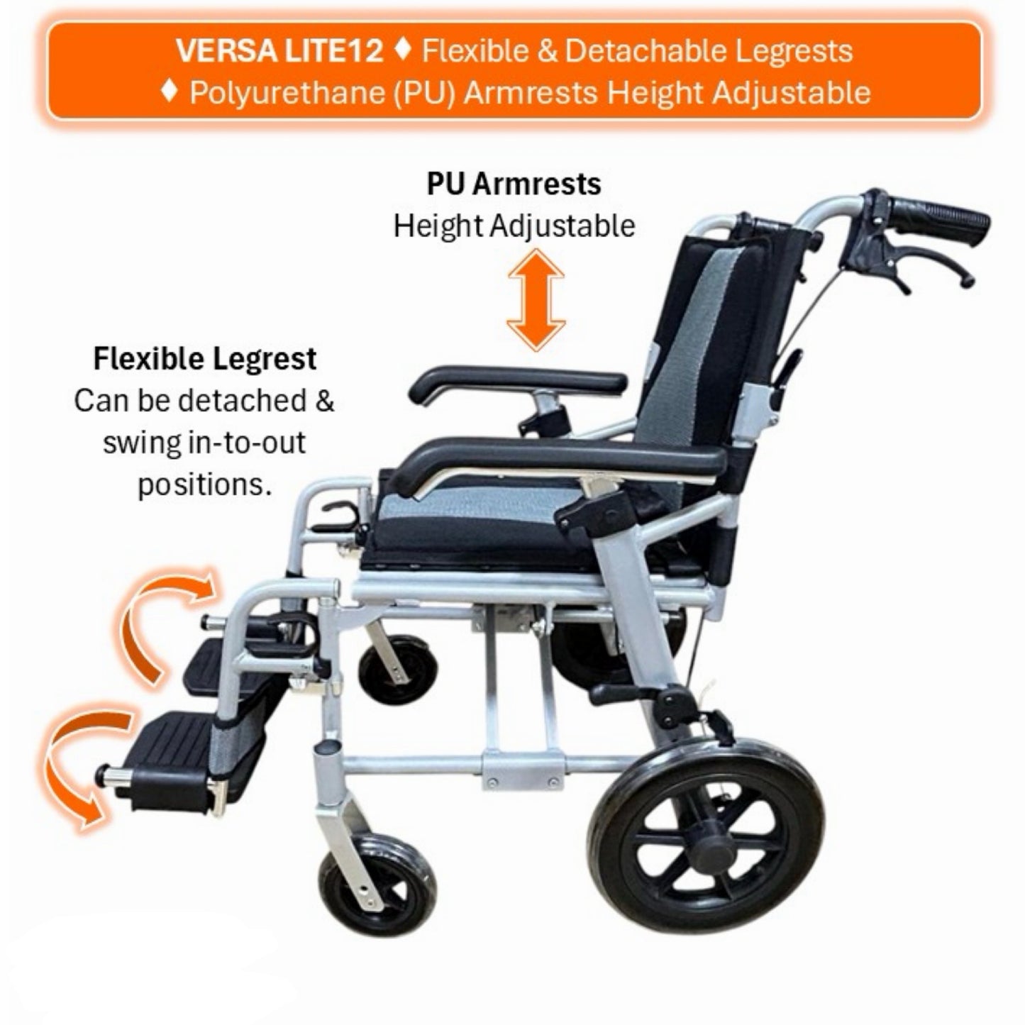GETS VERSA LITE12 ALUMINIUM PUSHCHAIR ♿️ Foldable, Height-Adjustable PU armrests, Flexible-Detachable Legrests