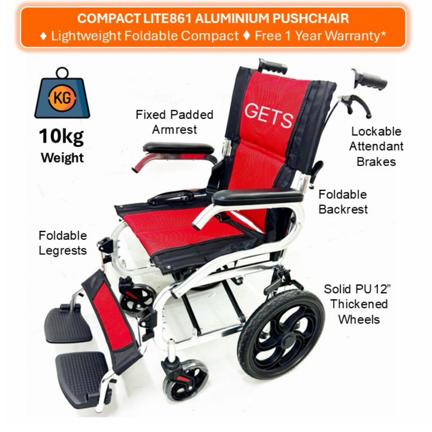 GETS COMPACT LITE861 ALUMINIUM PUSHCHAIR ♿️ Foldable Backrest, Fixed Armrests, Foldable Legrests