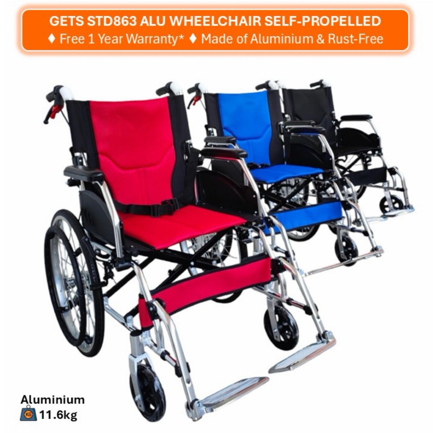 GETS STD863 ALUMINIUM WHEELCHAIR ♿️ Foldable Backrest, Fixed Armrests, Foldable Legrests, Anti-Tippers, Self-Propelled