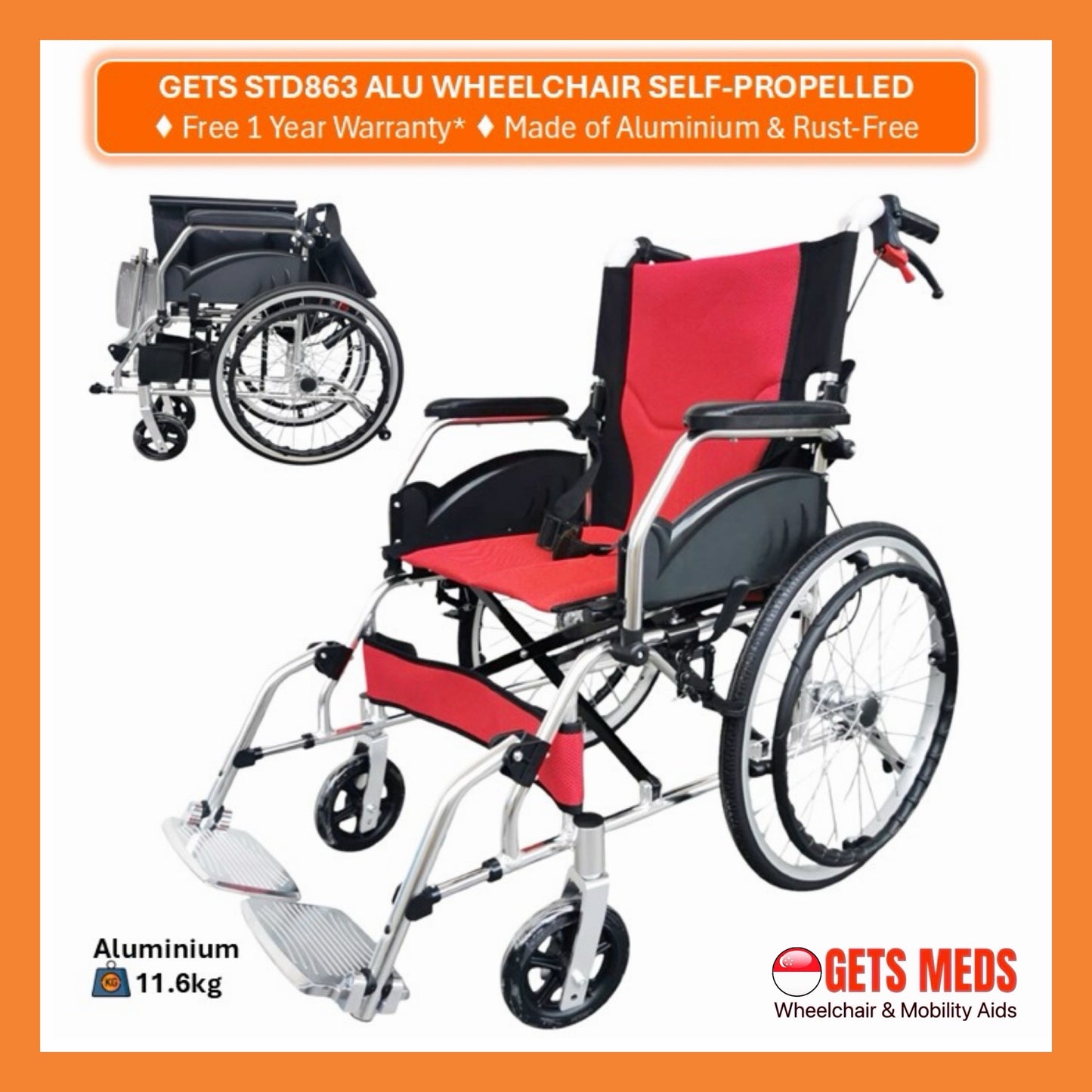 GETS STD863 ALUMINIUM WHEELCHAIR ♿️ Foldable Backrest, Fixed Armrests, Foldable Legrests, Anti-Tippers, Self-Propelled