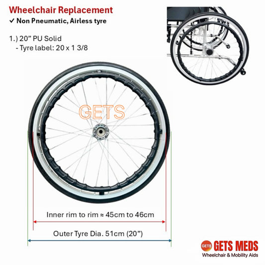 WHEELS FOR WHEELCHAIRS 20”, 22” & 24”: GETS REAR WHEELS W/O RIM, SOLID PU (POLYURETHANE) TYRE