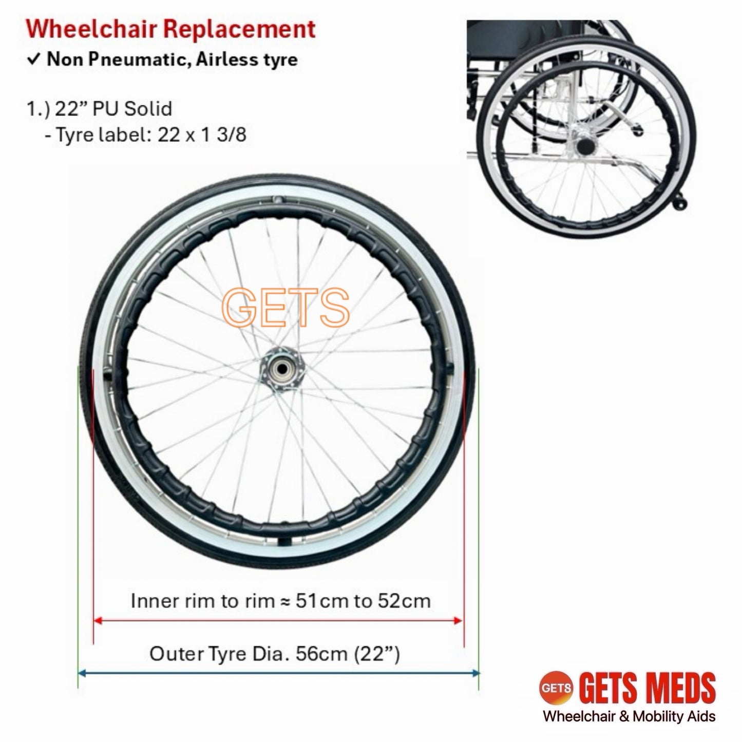 WHEELS FOR WHEELCHAIRS 20”, 22” & 24”: GETS REAR WHEELS W/O RIM, SOLID PU (POLYURETHANE) TYRE