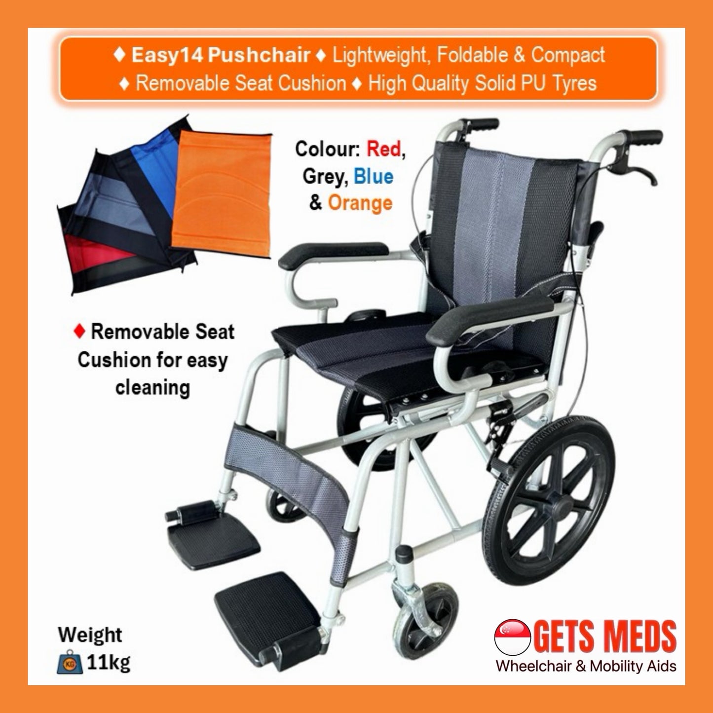 GETS EASY14PU PUSHCHAIR ♿️ Foldable Backrest, Fixed Armrests, Fixed Legrests, Solid Polyurethane (PU) Wheels, Optional Fixed Cushions Or Removable Cushions