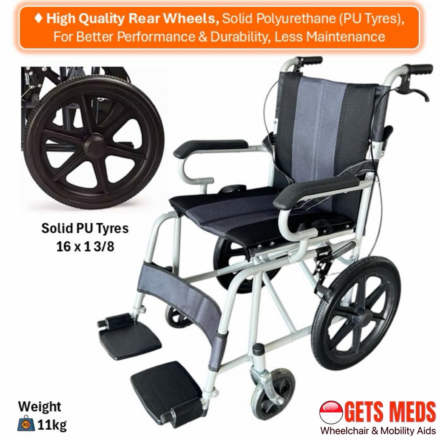 GETS EASY14PU PUSHCHAIR ♿️ Foldable Backrest, Fixed Armrests, Fixed Legrests, Solid Polyurethane (PU) Wheels, Optional Fixed Cushions Or Removable Cushions