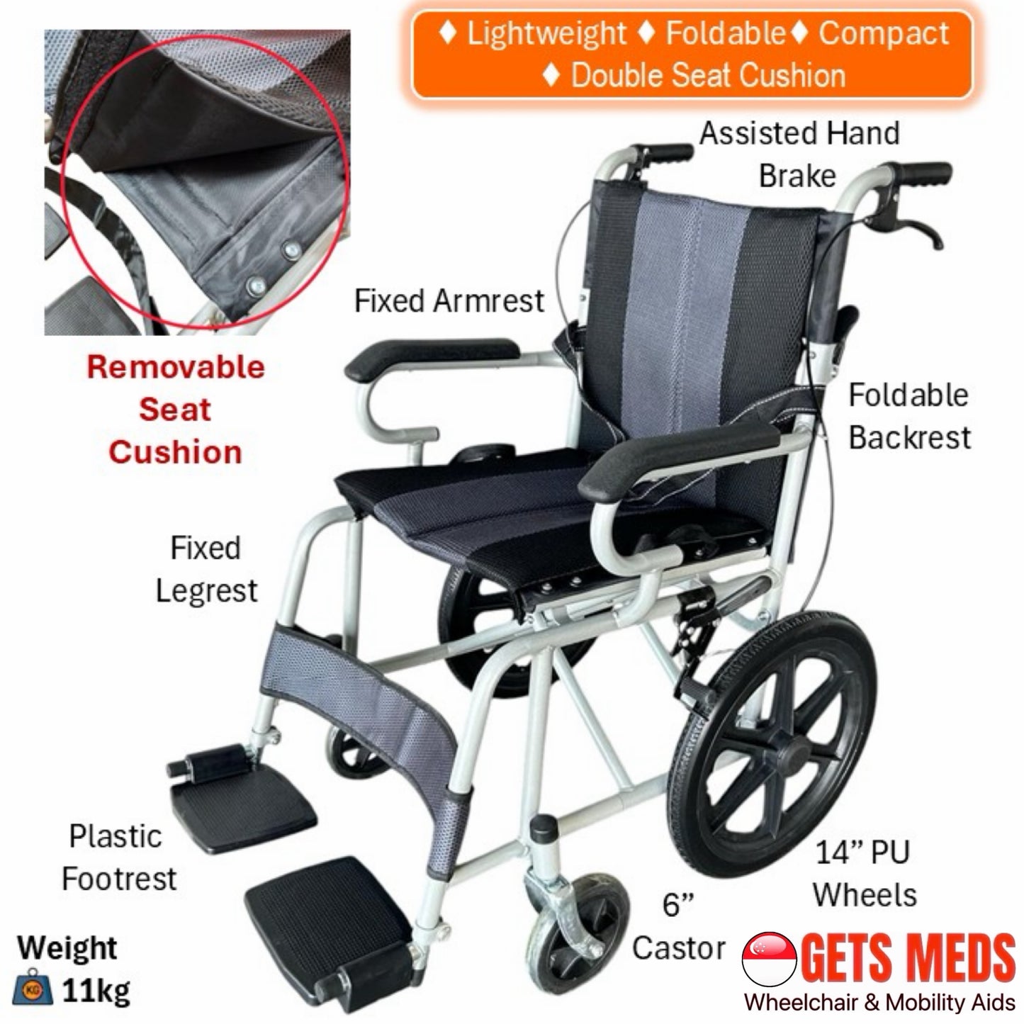 GETS EASY14PU PUSHCHAIR ♿️ Foldable Backrest, Fixed Armrests, Fixed Legrests, Solid Polyurethane (PU) Wheels, Optional Fixed Cushions Or Removable Cushions