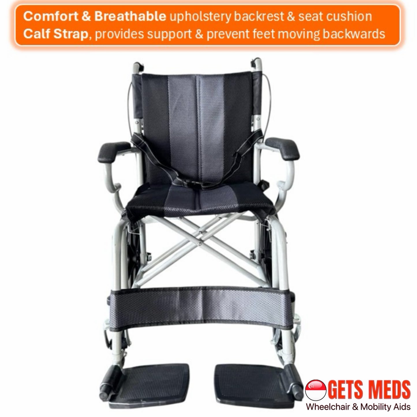 GETS EASY14PU PUSHCHAIR ♿️ Foldable Backrest, Fixed Armrests, Fixed Legrests, Solid Polyurethane (PU) Wheels, Optional Fixed Cushions Or Removable Cushions