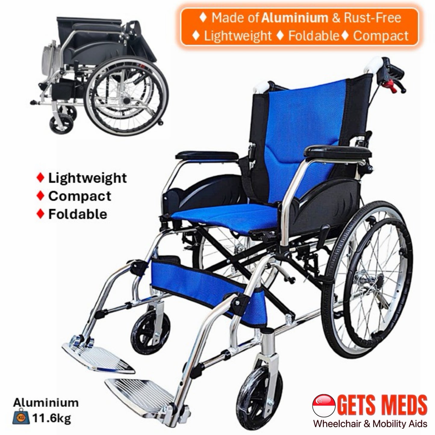 GETS STD863 ALUMINIUM WHEELCHAIR ♿️ Foldable Backrest, Fixed Armrests, Foldable Legrests, Anti-Tippers, Self-Propelled
