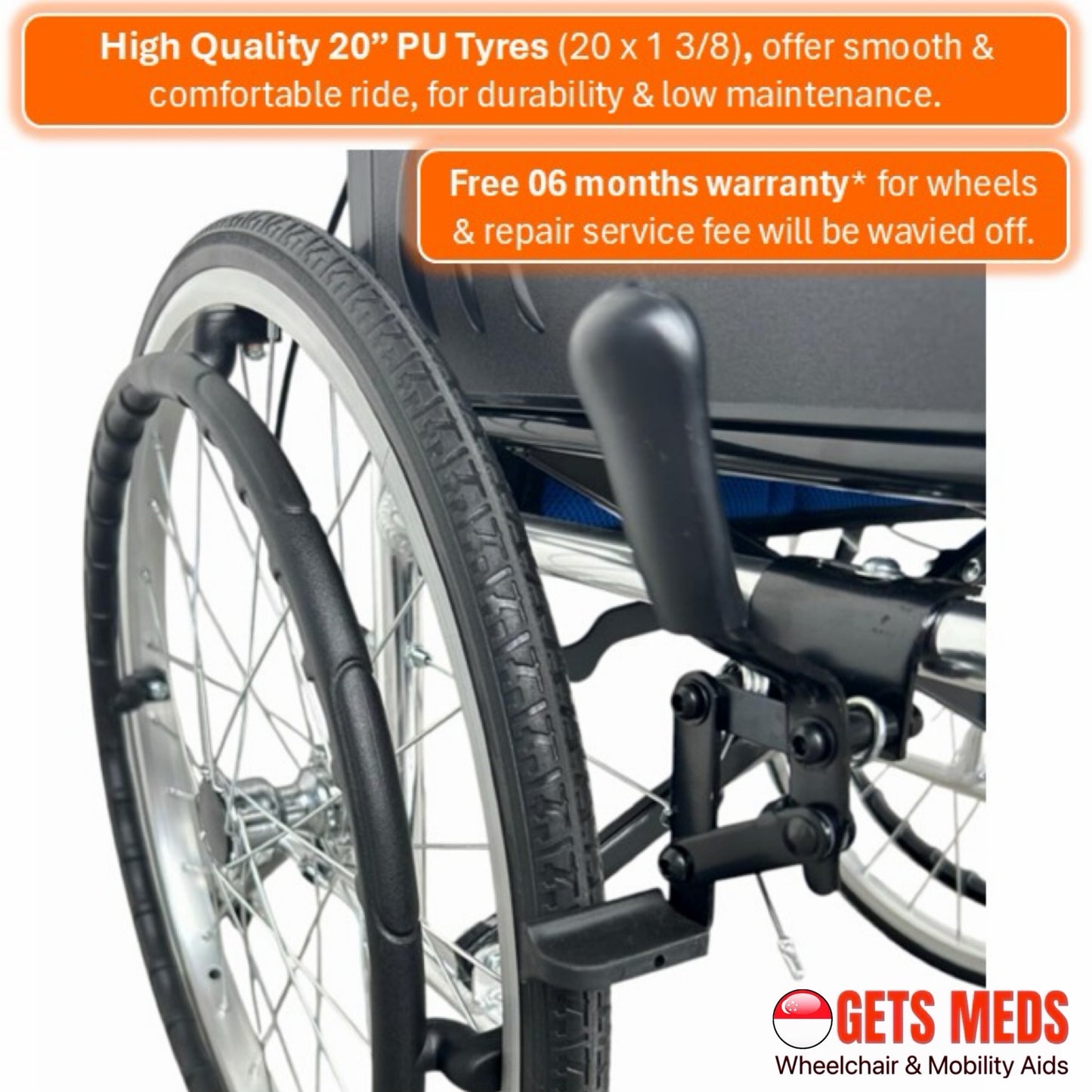 GETS STD863 ALUMINIUM WHEELCHAIR ♿️ Foldable Backrest, Fixed Armrests, Foldable Legrests, Anti-Tippers, Self-Propelled