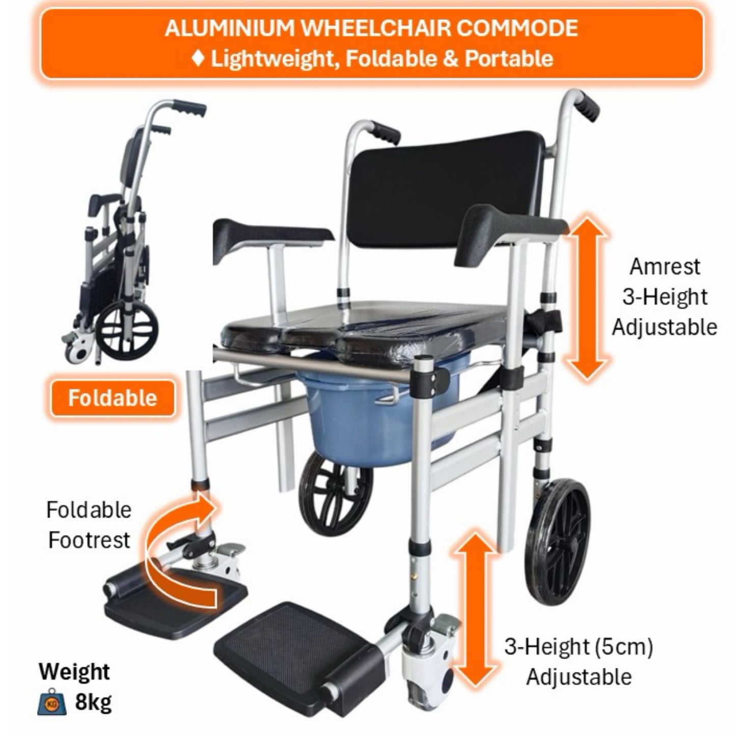 GETS Commode♿️ Commode-Wheelchair made of Aluminium, Lightweight & Foldable