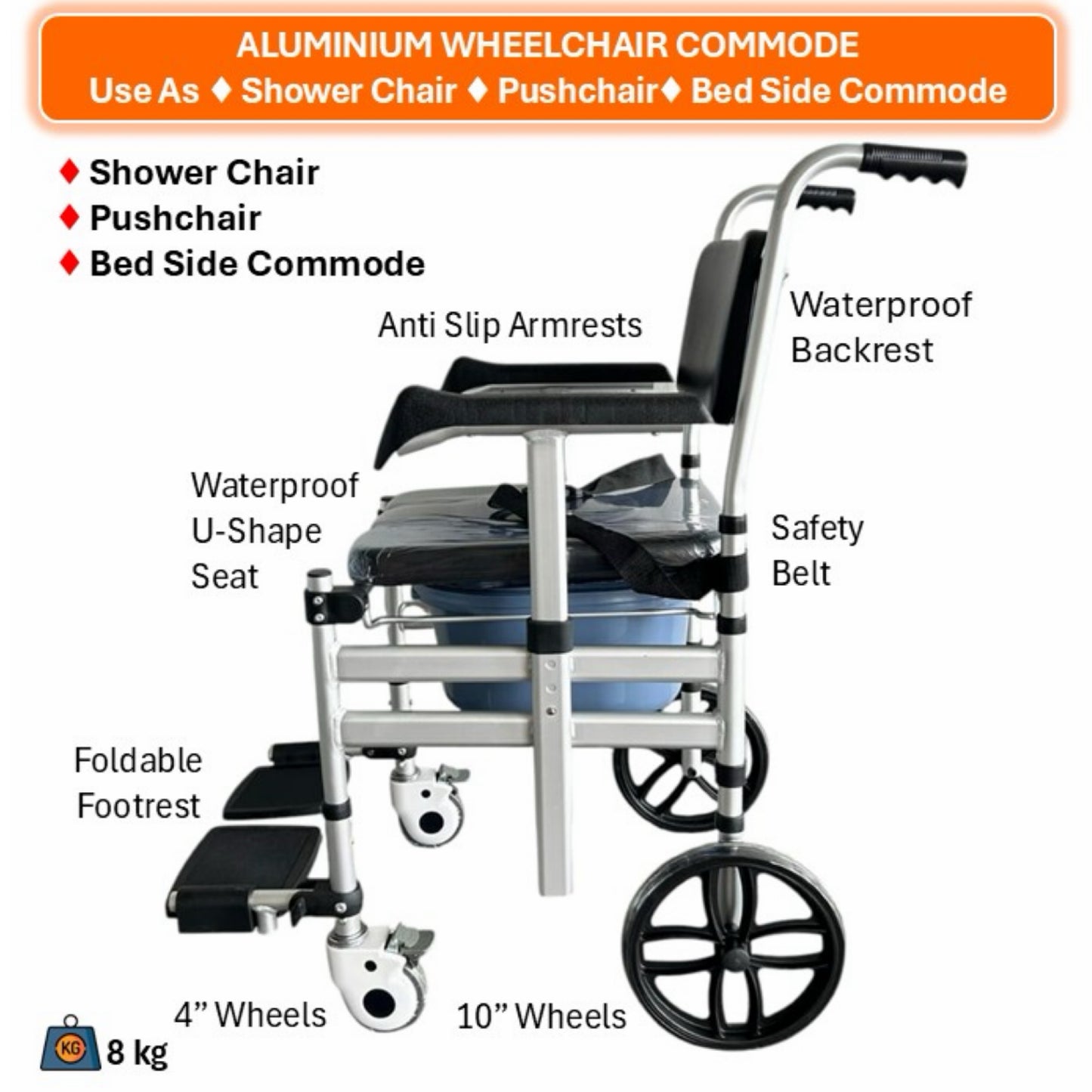 GETS Commode♿️ Commode-Wheelchair made of Aluminium, Lightweight & Foldable