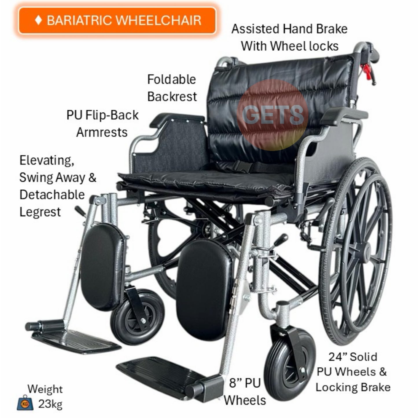 GETS LARGE WHEELCHAIR FOR USER WEIGHT 150KG ♿️ Foldable Backrest, Flip-Back PU Armrests, Elevating & Detachable Legrests, Removable Cushion, Anti-Tippers