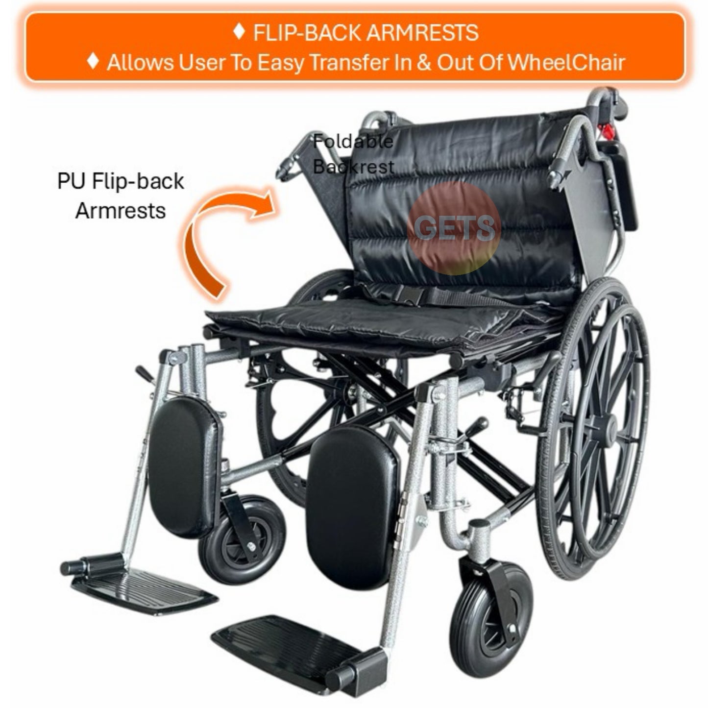 GETS LARGE WHEELCHAIR FOR USER WEIGHT 150KG ♿️ Foldable Backrest, Flip-Back PU Armrests, Elevating & Detachable Legrests, Removable Cushion, Anti-Tippers