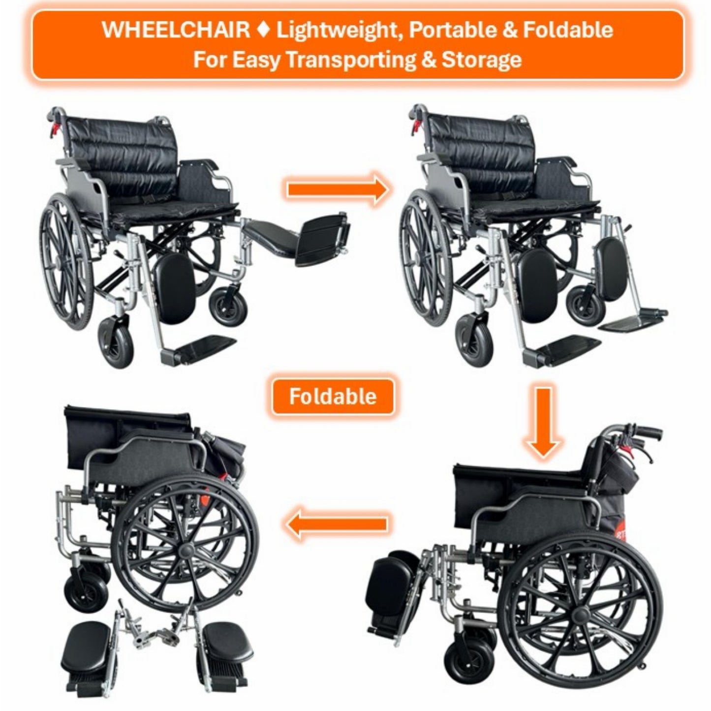 GETS LARGE WHEELCHAIR FOR USER WEIGHT 150KG ♿️ Foldable Backrest, Flip-Back PU Armrests, Elevating & Detachable Legrests, Removable Cushion, Anti-Tippers