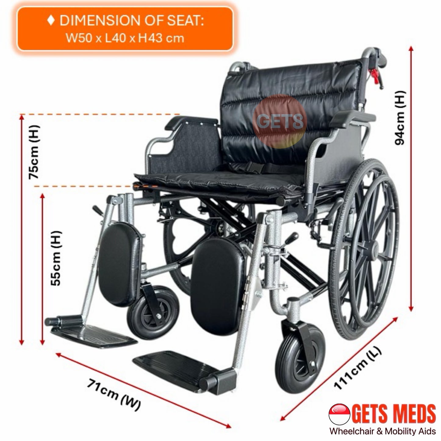 GETS LARGE WHEELCHAIR FOR USER WEIGHT 150KG ♿️ Foldable Backrest, Flip-Back PU Armrests, Elevating & Detachable Legrests, Removable Cushion, Anti-Tippers
