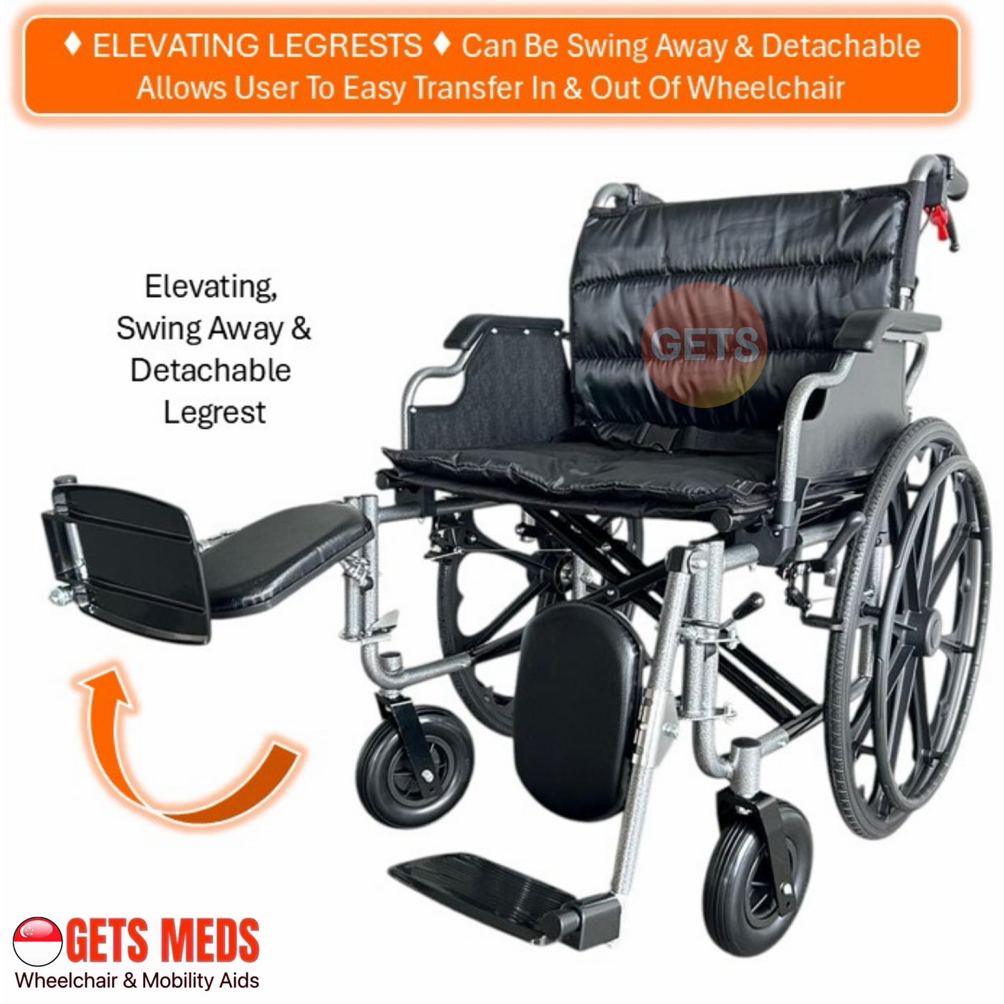 GETS LARGE WHEELCHAIR FOR USER WEIGHT 150KG ♿️ Foldable Backrest, Flip-Back PU Armrests, Elevating & Detachable Legrests, Removable Cushion, Anti-Tippers