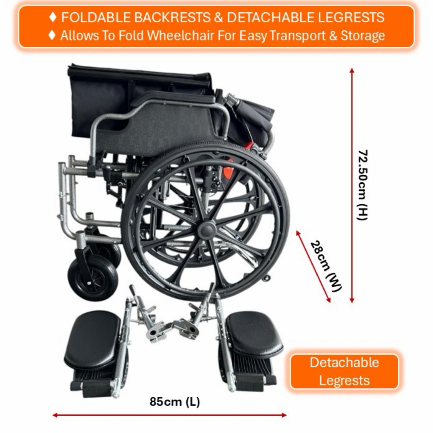 GETS LARGE WHEELCHAIR FOR USER WEIGHT 150KG ♿️ Foldable Backrest, Flip-Back PU Armrests, Elevating & Detachable Legrests, Removable Cushion, Anti-Tippers