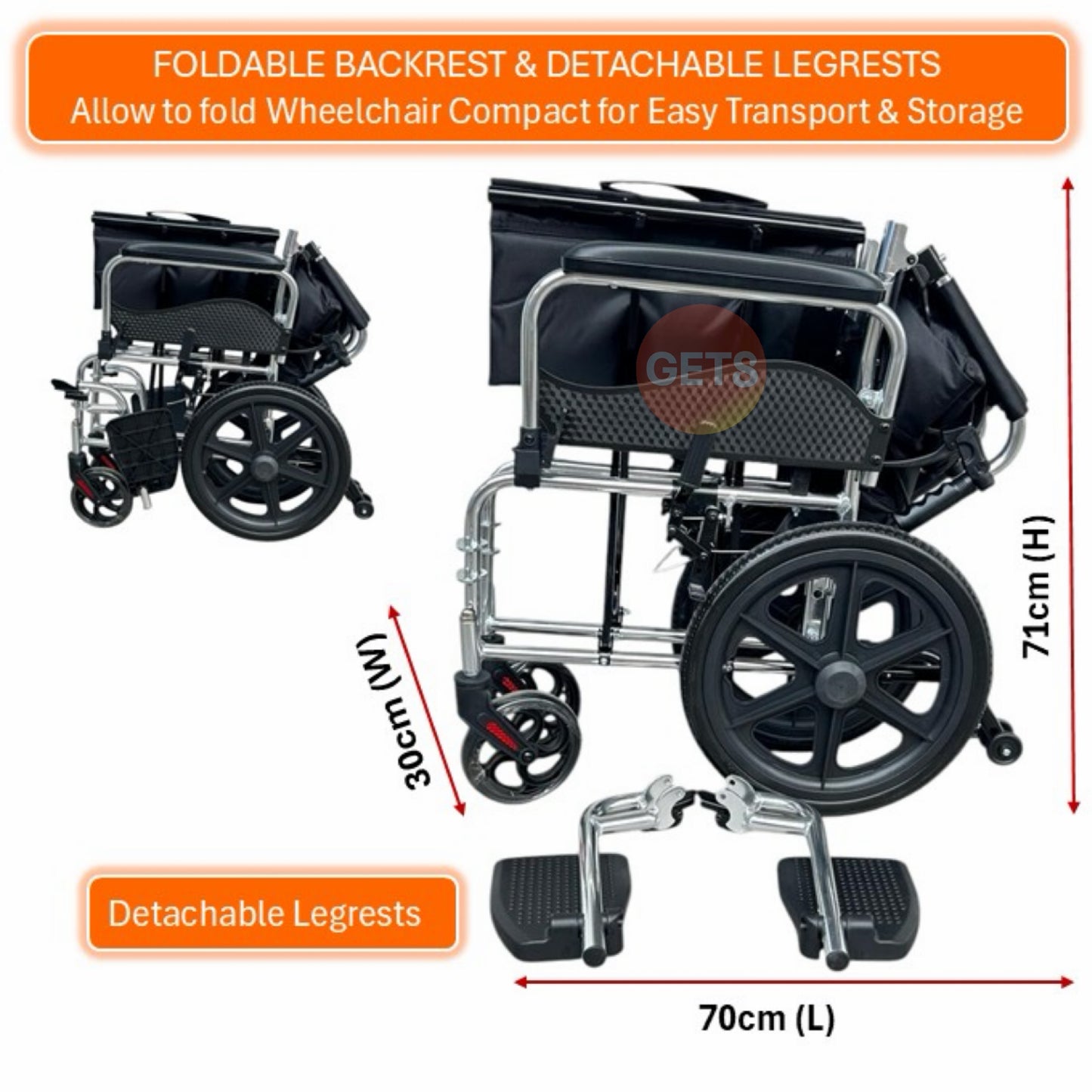 GETS FLEXI865.14 ALUMINIUM WHEELCHAIR ♿️ Foldable Backrest, Flip-Back Armrests, Detachable Legrests, Ant-Tippers