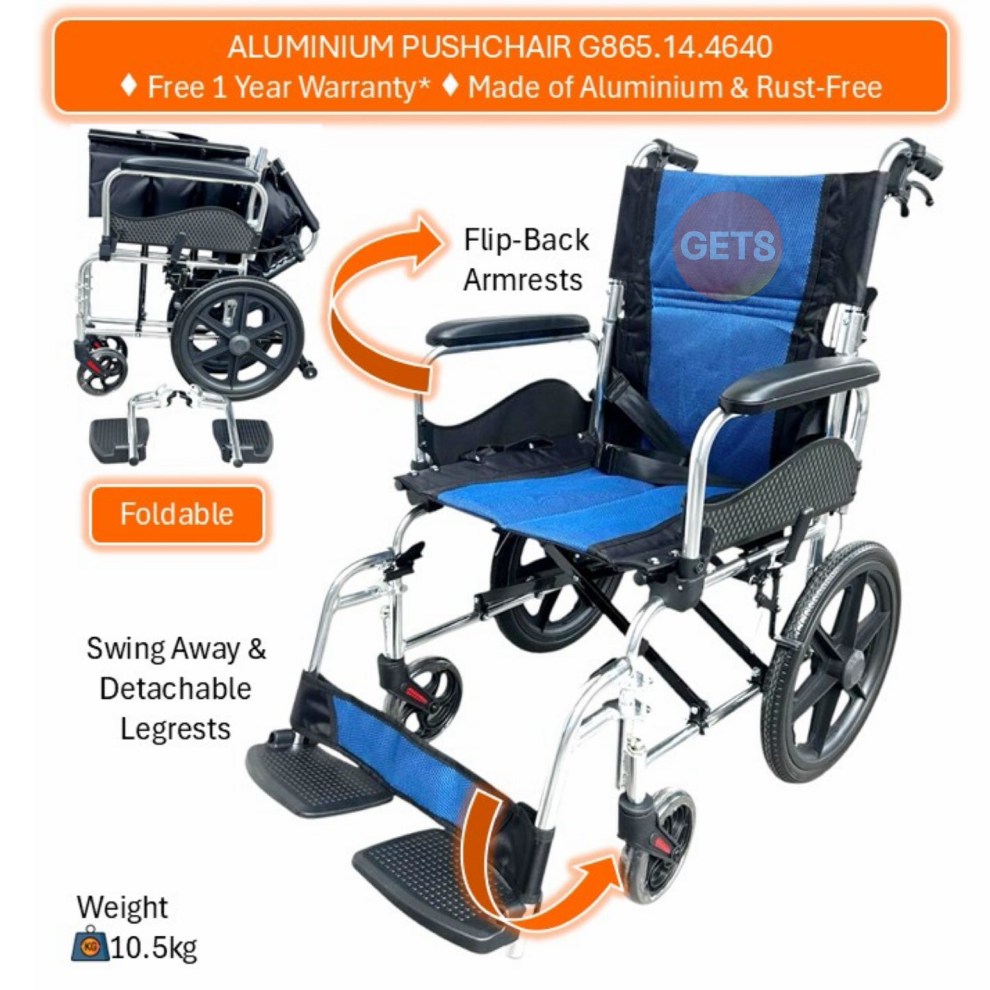 GETS FLEXI865.14 ALUMINIUM WHEELCHAIR ♿️ Foldable Backrest, Flip-Back Armrests, Detachable Legrests, Ant-Tippers