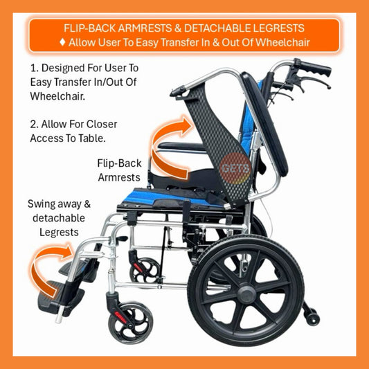 GETS FLEXI865.14 ALUMINIUM WHEELCHAIR ♿️ Foldable Backrest, Flip-Back Armrests, Detachable Legrests, Ant-Tippers