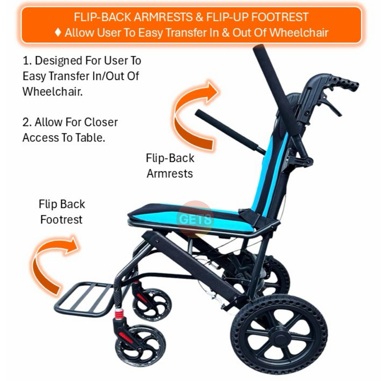 GETS TRAVEL LUXE11 ALUMINIUM PUSHCHAIR ♿️ Foldable, Flip-Back Armrests, Flip-Up Footrest, Retractable Pulling Rod