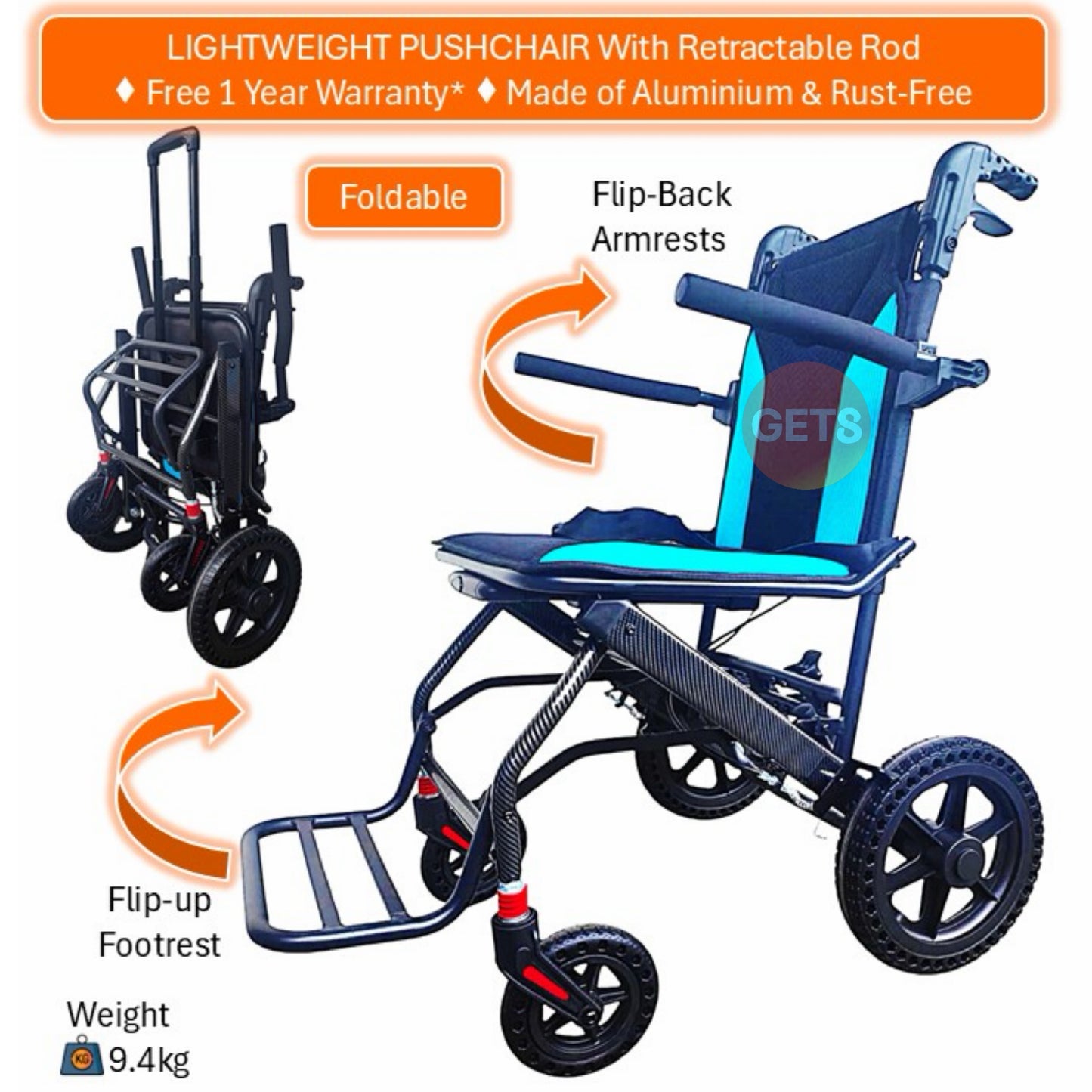 GETS TRAVEL LUXE11 ALUMINIUM PUSHCHAIR ♿️ Foldable, Flip-Back Armrests, Flip-Up Footrest, Retractable Pulling Rod