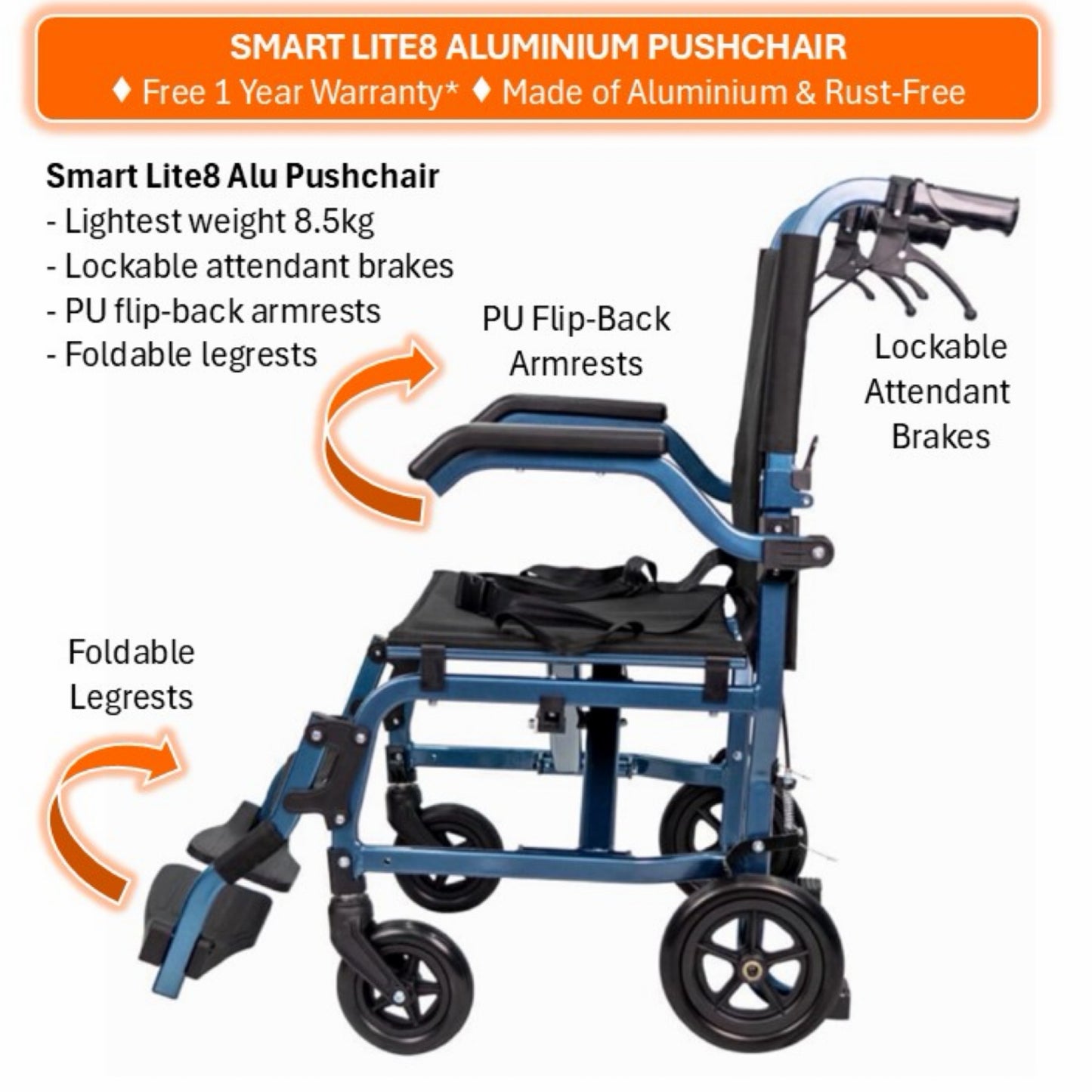 GETS SMART LITE8 ALUMINIUM PUSHCHAIR ♿️ Foldable Backrest, Flip-Back Armrests, Foldable Legrests, Lightest Weight8.5kg