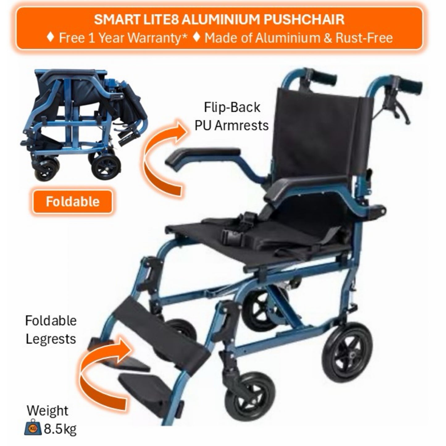 GETS SMART LITE8 ALUMINIUM PUSHCHAIR ♿️ Foldable Backrest, Flip-Back Armrests, Foldable Legrests, Lightest Weight8.5kg
