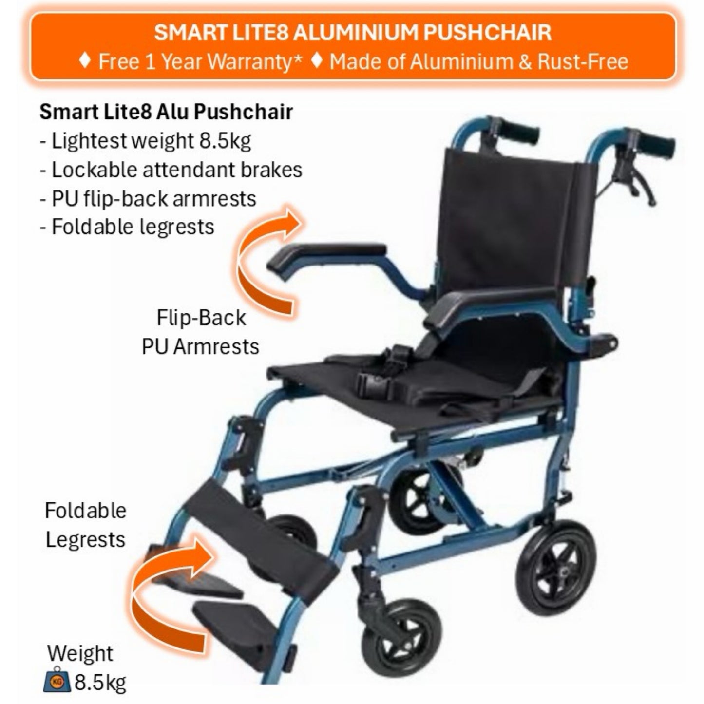 GETS SMART LITE8 ALUMINIUM PUSHCHAIR ♿️ Foldable Backrest, Flip-Back Armrests, Foldable Legrests, Lightest Weight8.5kg