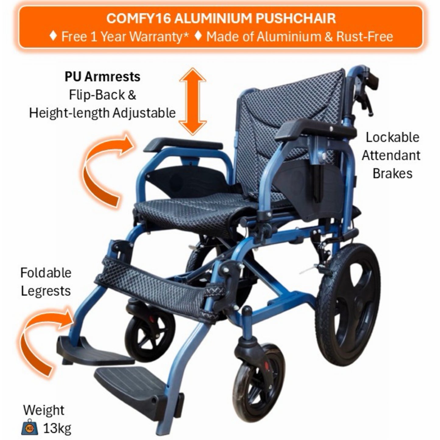 GETS Comfy16 ALUMINIUM PUSHCHAIR ♿️ Backrest Foldable, Flip-Back + Height-Length Adjustable PU Armrests, Foldable Legrests, Removable Cushions
